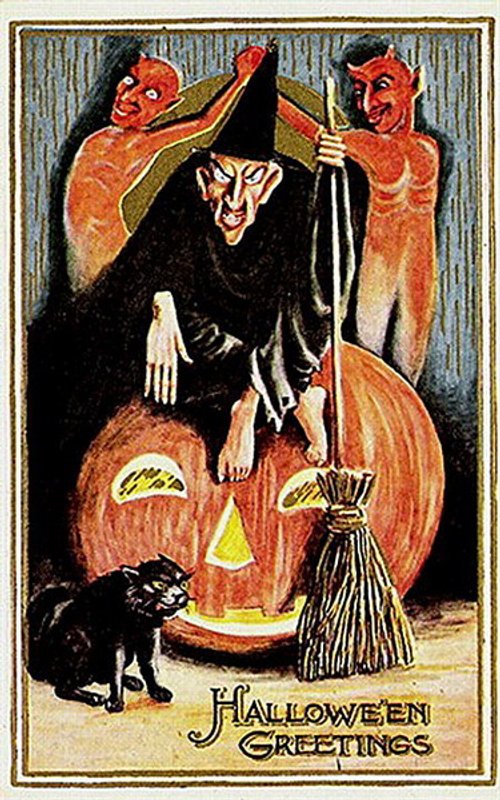 Vintage Halloween Greeting Card with Witch, Devils & Jack-o'-Lantern