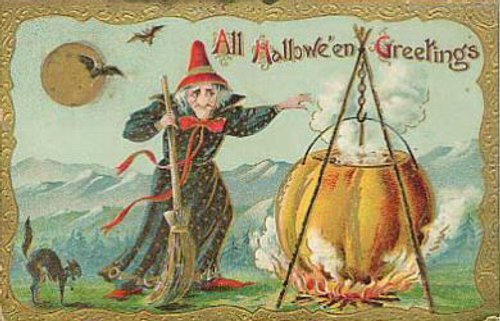 All Hallowe'en Greetings Vintage Card: Witch & Cauldron