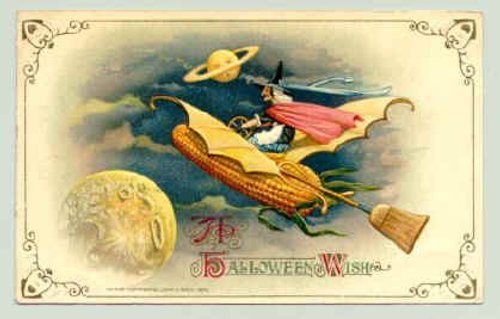 Vintage Halloween Witch Greeting Card | Victorian Era Flying Broomstick