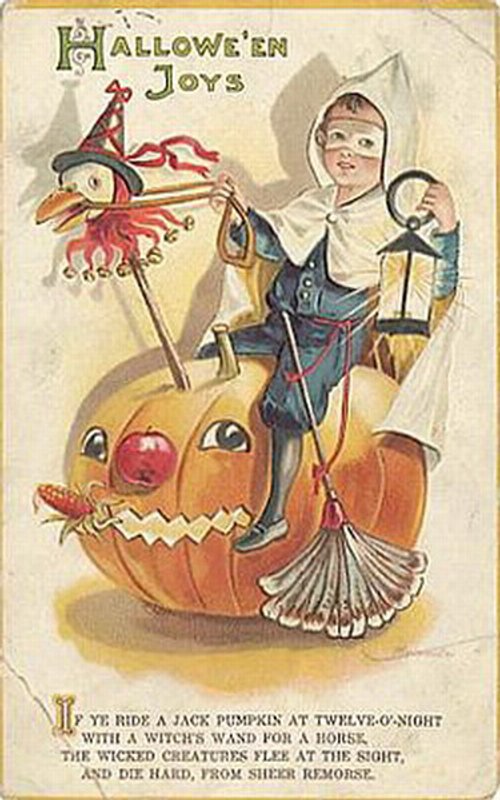 Vintage Halloween Greeting Card Jack O'Lantern Witch Pumpkin 1900s