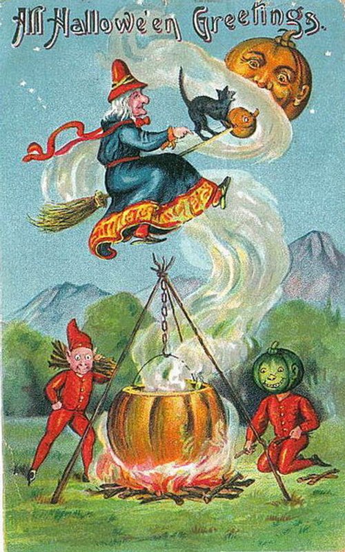 Victorian Halloween Greetings Witch Cauldron Demons Card
