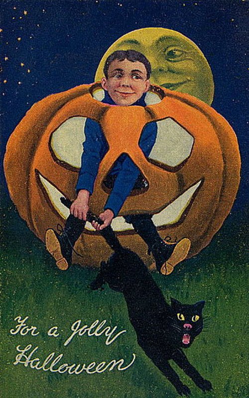 Vintage Halloween Greeting Card with Pumpkin Boy and Black Cat