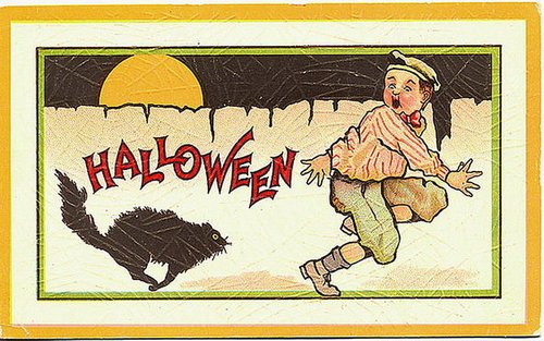 Vintage Halloween Greeting Card: Boy Chased by Black Cat