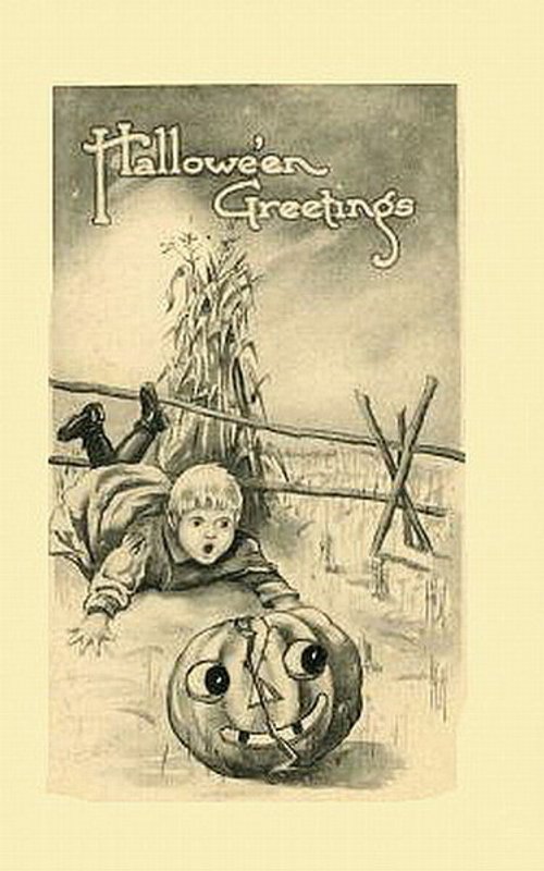 Vintage Halloween Greetings Card - Jack-o'-Lantern & Scarecrow