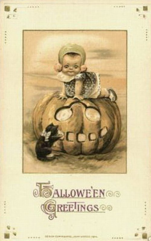 Vintage Halloween Greeting Card with Baby and Jack-o'-Lantern