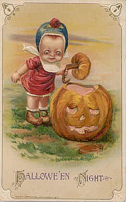 Victorian Halloween Greeting Card with Child & Jack-o'-Lantern
