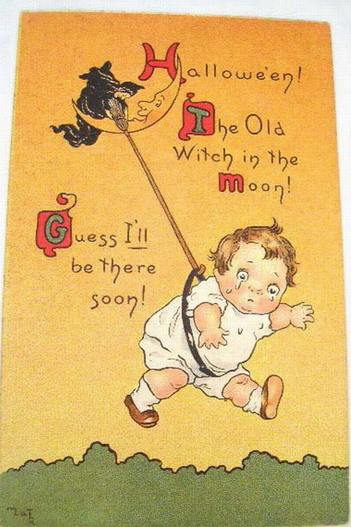 Vintage Halloween Greeting Card with Witch and Baby, Early 1900s