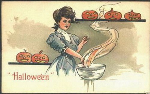 Vintage Halloween Greeting Card: Woman with Jack-O-Lantern Cauldron