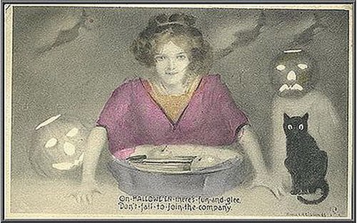 Vintage Halloween Greeting Card Woman with Jack-o-Lanterns and Black Cat Early 1900s