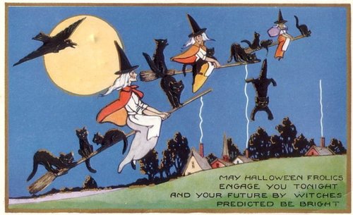 Vintage 1920s Halloween Greeting Card with Witches and Broom