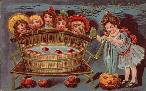 Victorian Apple Bobbing Halloween Greeting Card with Children