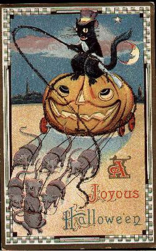 Vintage Halloween Greeting Card: Black Cat, Jack-o'-Lantern & Mice