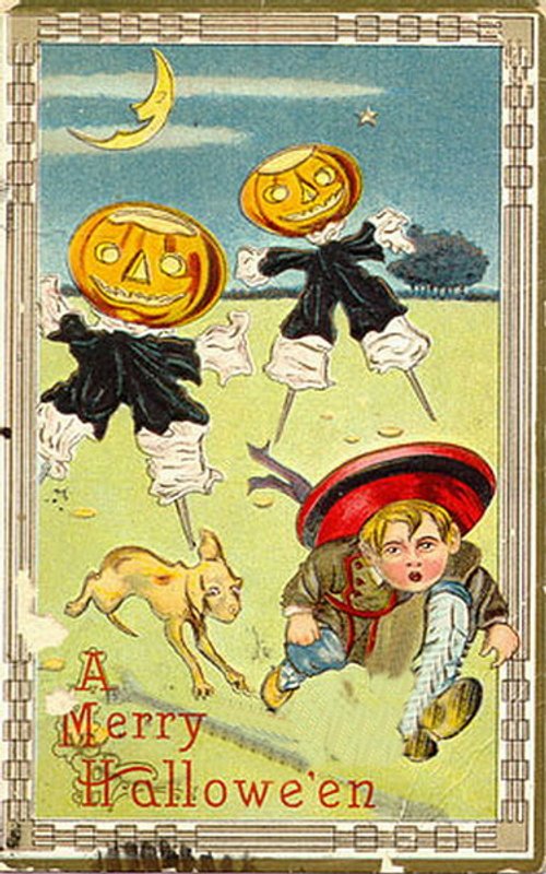 Vintage Halloween Greeting Card: Pumpkin Scarecrows & Running Boy
