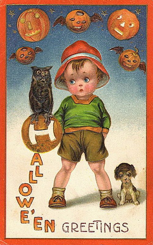 Vintage Halloween Greeting Card with Child, Owl & Jack-o'-Lanterns