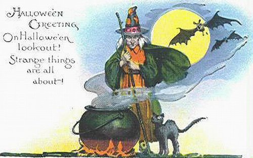 Vintage Halloween Greeting Card Witch Cauldron Bats Moon