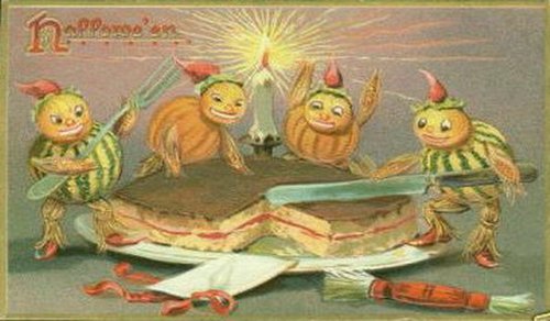 Vintage Halloween Greeting Card with Dancing Jack-o'-Lanterns
