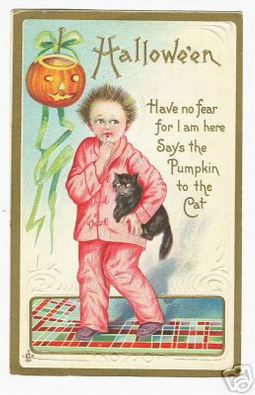Vintage Halloween Greeting Card: Child in Pink Pajamas with Black Cat