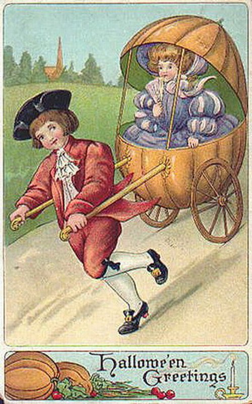 Victorian Halloween Greeting Card with Boy & Pumpkin Carriage