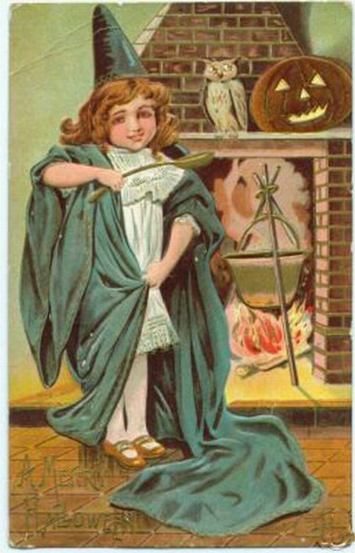 Victorian Halloween Witch Child Greeting Card - Green Cloak Pumpkin