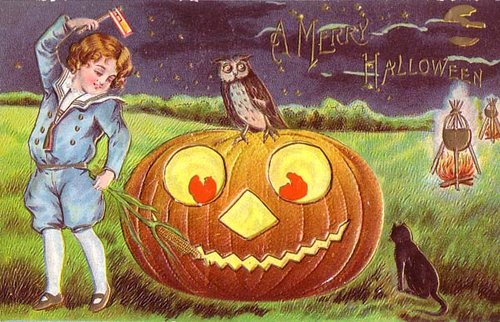 Victorian Halloween Greeting Card: Jack-o-Lantern with Boy & Owl