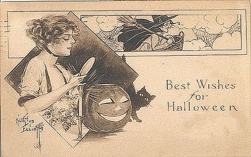 Vintage Halloween Greeting Card Art Nouveau Woman Black Cat