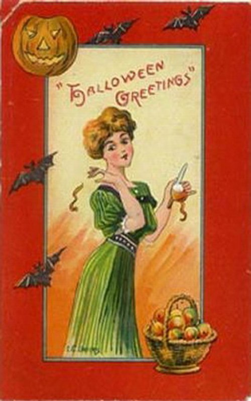 Vintage Halloween Greetings Card Edwardian Woman Green Dress