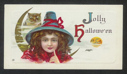 Jolly Halloween Vintage Greeting Card with Owl & Jack-o'-Lantern