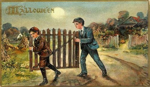 Victorian Halloween Greeting Card: Two Boys at a Gate