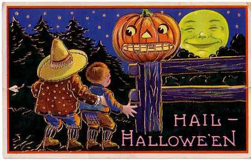 Vintage Halloween Greeting Card 1920s Scarecrow Pumpkin Moon
