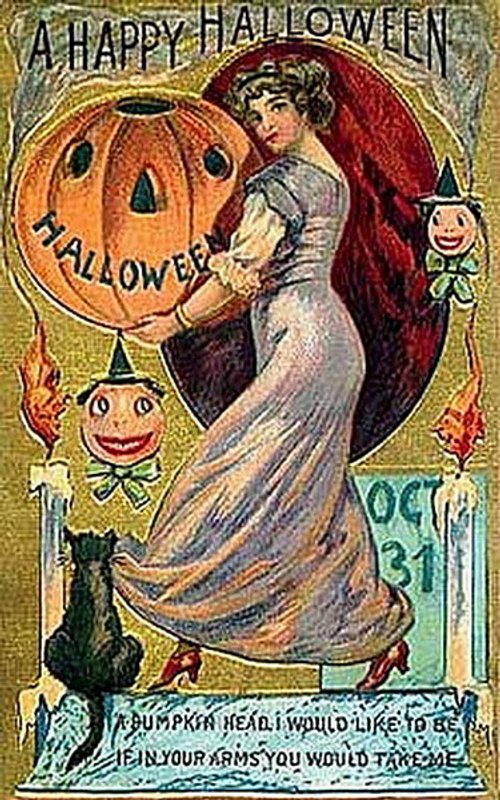 Vintage Halloween Greeting Card Woman Pumpkin Edwardian Era