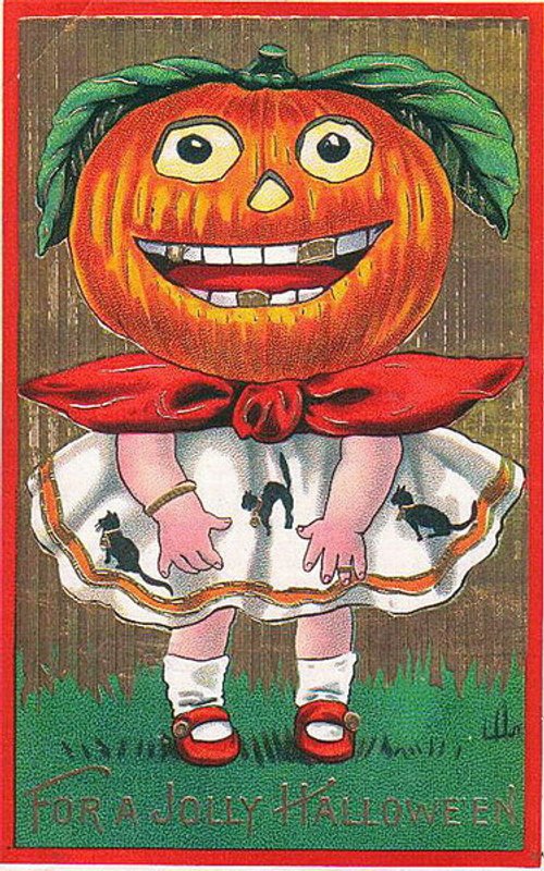 Vintage Halloween Pumpkin Girl Greeting Card | Early 1900s