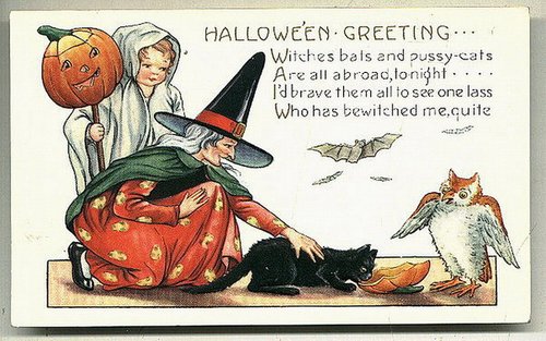 Vintage Halloween Greeting Card: Witch, Jack-O'-Lantern & Black Cat