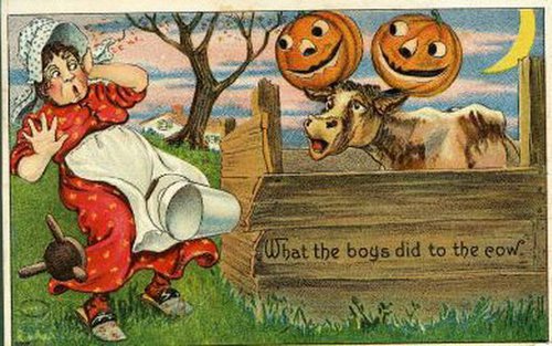 Vintage Halloween Greeting Card: Woman Chased by Cow & Jack-o'-Lanterns