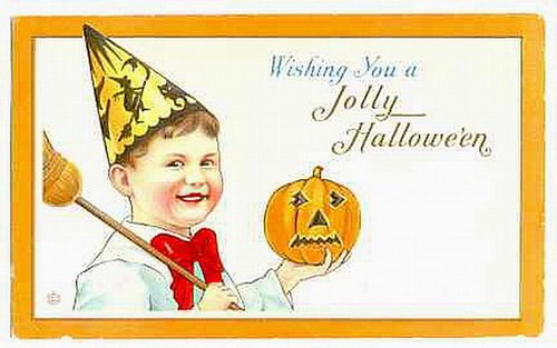 Vintage Halloween Greeting Card, Jolly Child with Jack-O'-Lantern