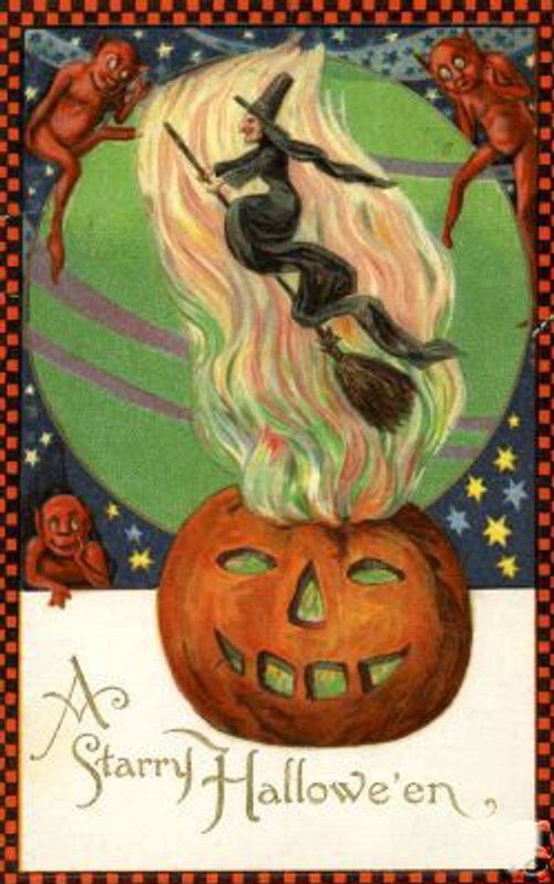 Vintage Halloween Starry Hallowe'en Card with Jack-O'-Lantern and Witch