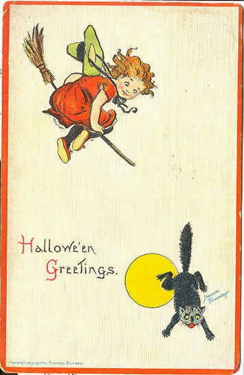 Vintage Halloween Greeting Card with Witch & Black Cat, Early 1900s