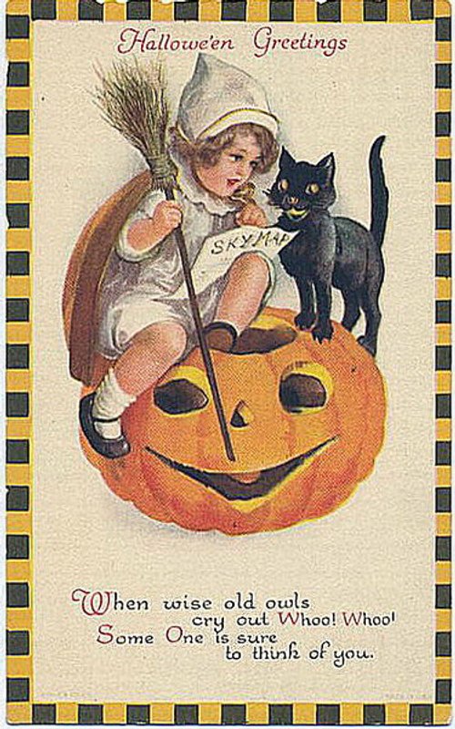 Vintage Halloween Greeting Card with Witch, Black Cat & Jack-o-Lantern