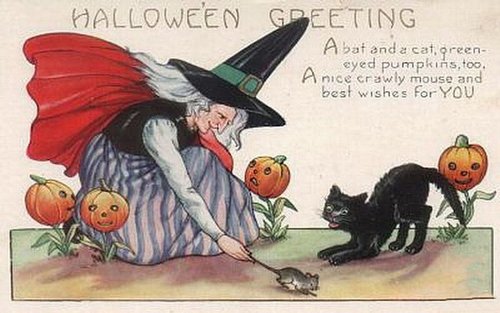 Vintage Halloween Greeting Card with Witch, Cat & Pumpkins
