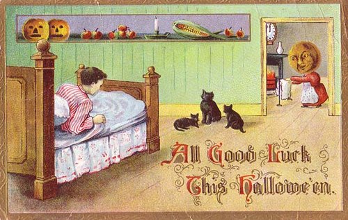 Victorian Halloween Greeting Card with Black Cats and Jack O'Lanterns