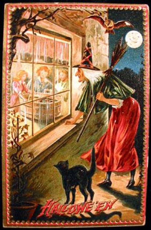 Vintage Halloween Greeting Card Witch Full Moon 1890s