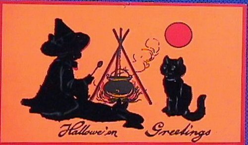 Vintage Halloween Greetings Cat Witch Cauldron Art Deco Card