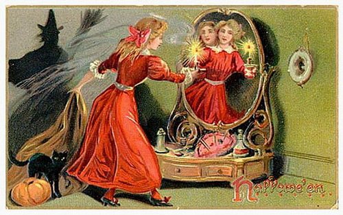 Victorian Halloween Greeting Card - Magic Mirror and Witch