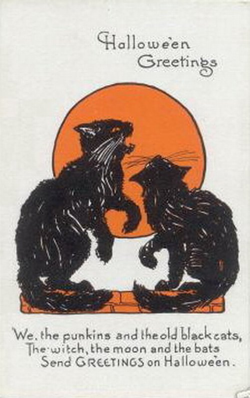 Vintage Halloween Greeting Card with Black Cats and Moon