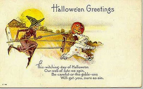 Vintage Halloween Greeting Card with Witch and Jack-o'-Lantern