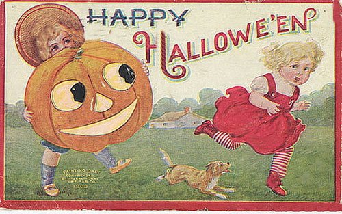 Vintage Happy Halloween Greeting Card with Jack-o'-Lantern & Child