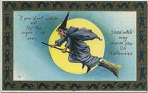 Vintage Halloween Witch Card with Moon & Broomstick Design