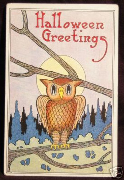 Vintage Halloween Greetings Card with Owl & Cypress Trees