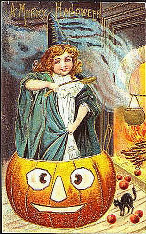 Vintage Halloween Greeting Card with Jack-O'-Lantern & Witch Girl