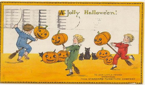 Vintage Halloween Greeting Card with Children & Jack-o'-Lanterns
