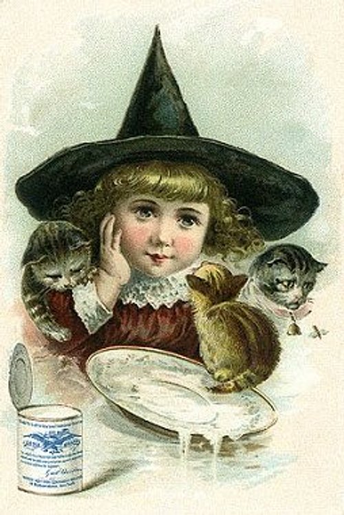Victorian Child Witch Hat Greeting Card with Anthropomorphic Animals